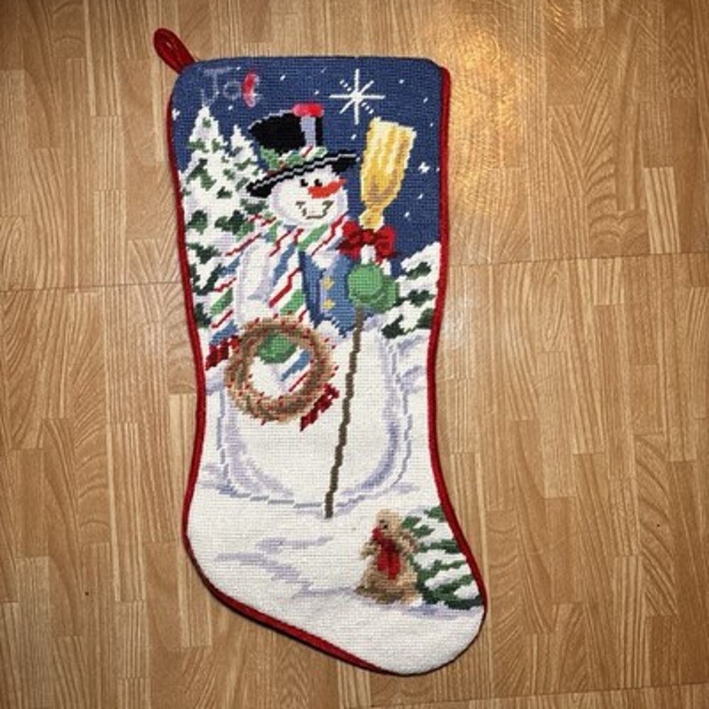 Needlepoint Snowman Christmas Stocking Winter Scene Red Velvet Back Holiday